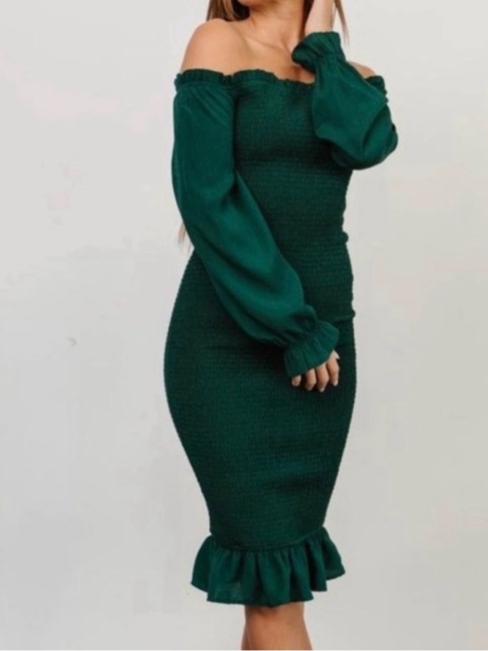 Baltic Born Green Smocked Long-Sleeve Ruffle Hem Cocktail Dress S NWT Holiday
